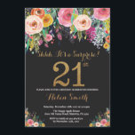 Floral Surprise 21e verjaardag uitnodiging goud<br><div class="desc">Floral Surprise 21e verjaardag uitnodiging voor vrouwen. Waterverf bloemen. Zwart en goud glitter. Roze,  geel,  Oranje,  Paarse bloem. Verjaardag voor volwassenen. Voor verdere aanpassing klikt u op de knop "Aanpassen" en gebruikt u onze ontwerptool om deze sjabloon te wijzigen.</div>