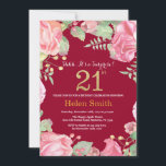Floral Surprise 21st Birthday Gold Burgundy Red Kaart<br><div class="desc">Floral Surprise 21st Birthday Invitation for Women. Waterverf botanische bloem. Gold Glitter. Roze pinda's bloemen. Volwassen verjaardag. Burgundy Red Background Voor verdere aanpassing,  te klikken gelieve de knoop "van de Aanpassing het"en ons ontwerphulpmiddel te gebruiken om deze sjabloon te wijzigen.</div>