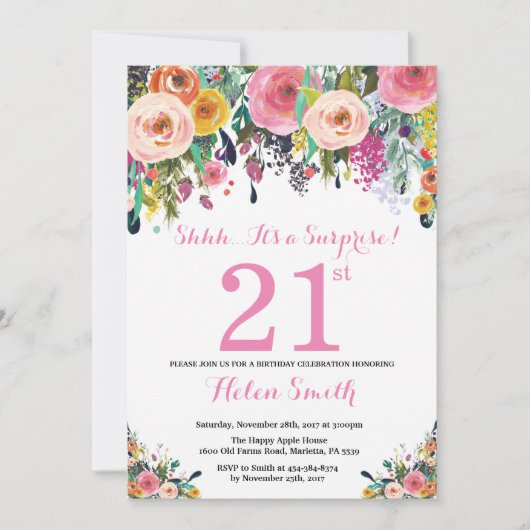 Floral Surprise 21st Birthday Invitation roze Kaart (Voorkant)