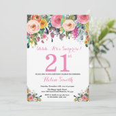 Floral Surprise 21st Birthday Invitation roze Kaart (Staand voorkant)
