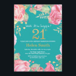 Floral Surprise 21ste Verjaardag Goud en Blauwgroe Kaart<br><div class="desc">Floral Surprise 21e verjaardag uitnodiging voor vrouwen. Waterverf botanische bloemen. Gouden Glitter. Roze pioenrozen bloemen. Verjaardag voor volwassenen. Blauwgroen Aqua Turquoise achtergrond. Voor verdere aanpassing klikt u op de knop "Aanpassen" en gebruikt u onze ontwerptool om deze sjabloon te wijzigen.</div>