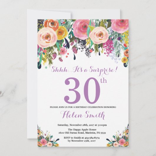 Floral Surprise 30th Birthday Invitation Paars Kaart (Voorkant)