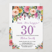 Floral Surprise 30th Birthday Invitation Paars Kaart (Voorkant / Achterkant)