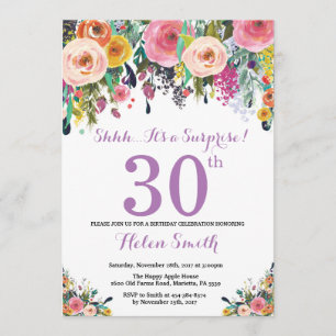 Floral Surprise 30th Birthday Invitation Paars Kaart