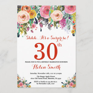 Floral Surprise 30th Birthday Invitation Red Kaart