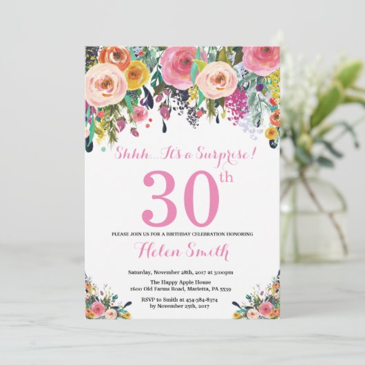 Floral Surprise 30th Birthday Invitation roze Kaart (Staand voorkant)
