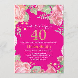 Floral Surprise 40e verjaardag Goud en Hot Pink Kaart