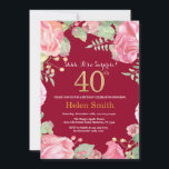 Floral Surprise 40th Birthday Gold Burgundy Red Kaart<br><div class="desc">Floral Surprise 40th Birthday Invitation for Women. Waterverf botanische bloem. Gold Glitter. Roze pinda's bloemen. Volwassen verjaardag. Burgundy Red Background Voor verdere aanpassing,  te klikken gelieve de knoop "van de Aanpassing het"en ons ontwerphulpmiddel te gebruiken om deze sjabloon te wijzigen.</div>