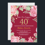 Floral Surprise 40th Birthday Gold Burgundy Red Kaart<br><div class="desc">Floral Surprise 40th Birthday Invitation for Women. Waterverf botanische bloem. Gold Glitter. Roze pinda's bloemen. Volwassen verjaardag. Burgundy Red Background Voor verdere aanpassing,  te klikken gelieve de knoop "van de Aanpassing het"en ons ontwerphulpmiddel te gebruiken om deze sjabloon te wijzigen.</div>