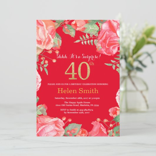 Floral Surprise 40th Birthday Gold Glitter en Red Kaart (Staand voorkant)