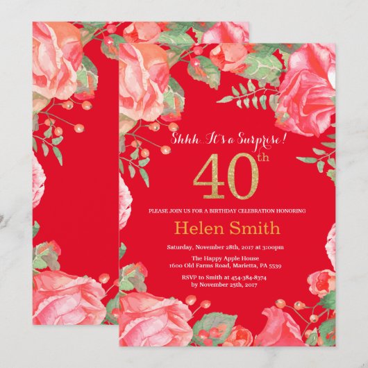 Floral Surprise 40th Birthday Gold Glitter en Red Kaart (Voorkant / Achterkant)