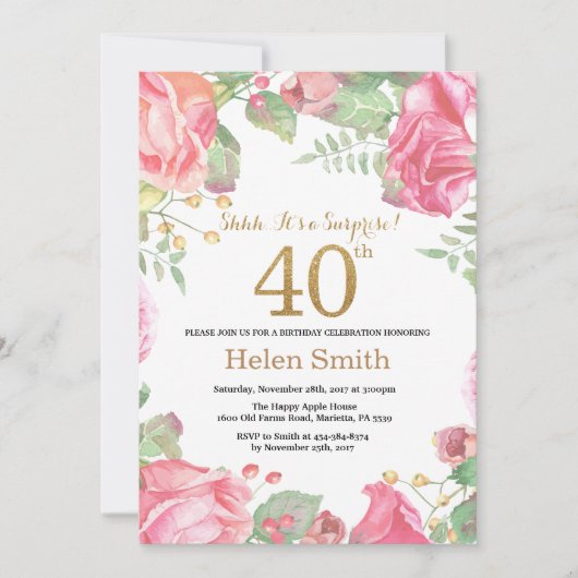 Floral Surprise 40th Birthday Gold Glitter Kaart (Voorkant)