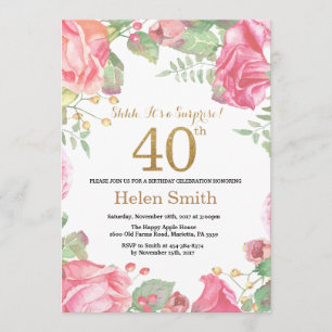 Floral Surprise 40th Birthday Gold Glitter Kaart