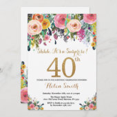 Floral Surprise 40th Birthday Invitation Gold Kaart (Voorkant / Achterkant)
