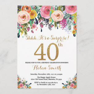 Floral Surprise 40th Birthday Invitation Gold Kaart
