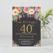 Floral Surprise 40th Birthday Invitation Gold Kaart (Staand voorkant)