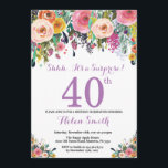 Floral Surprise 40th Birthday Invitation Paars Kaart<br><div class="desc">Floral Surprise 40th Birthday Invitation for Women. Waterverf bloem. Roze, geel, Oranje, Paars ventilator. Volwassen verjaardag. 30e 40e 50e 60e 70e 90e 100e 13e 15e 16e 18e 20e 21e elke leeftijd. Voor verdere aanpassing, te klikken gelieve de knoop "van de Aanpassing het"en ons ontwerphulpmiddel te gebruiken om deze sjabloon te...</div>