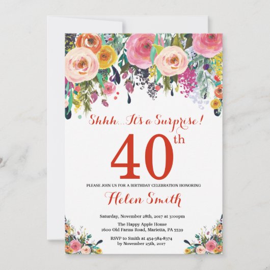 Floral Surprise 40th Birthday Invitation Red Kaart (Voorkant)