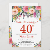 Floral Surprise 40th Birthday Invitation Red Kaart (Voorkant / Achterkant)
