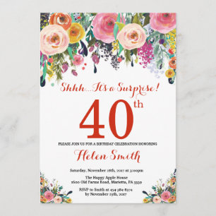 Floral Surprise 40th Birthday Invitation Red Kaart