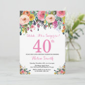 Floral Surprise 40th Birthday Invitation roze Kaart (Staand voorkant)