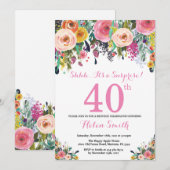 Floral Surprise 40th Birthday Invitation roze Kaart (Voorkant / Achterkant)
