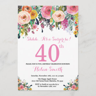 Floral Surprise 40th Birthday Invitation roze Kaart