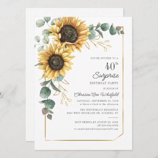 Floral Surprise 40th Birthday Sunflower Eucalyptus Kaart (Voorkant / Achterkant)