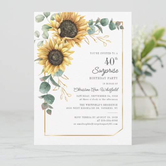Floral Surprise 40th Birthday Sunflower Eucalyptus Kaart (Staand voorkant)