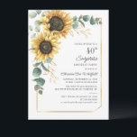 Floral Surprise 40th Birthday Sunflower Eucalyptus Kaart<br><div class="desc">Creëer je eigen schattige en elegante griesverrassing verjaardagsuitnodiging met onze sjabloon voor de groene zonbloem eucalyptus. Met moderne typografie- en scriptlettertypen en geometrisch ontwerp op witte achtergrond. Gebruik deze sjabloon volledig opnieuw voor andere speciale gelegenheden in uw leven door op de knop "Bewerken met ontwerpgereedschap" te klikken die onder de...</div>