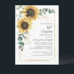 Floral Surprise 40th Birthday Sunflower Eucalyptus Kaart<br><div class="desc">Creëer je eigen schattige en elegante griesverrassing verjaardagsuitnodiging met onze sjabloon voor de groene zonbloem eucalyptus. Met moderne typografie- en scriptlettertypen en geometrisch ontwerp op witte achtergrond. Gebruik deze sjabloon volledig opnieuw voor andere speciale gelegenheden in uw leven door op de knop "Bewerken met ontwerpgereedschap" te klikken die onder de...</div>