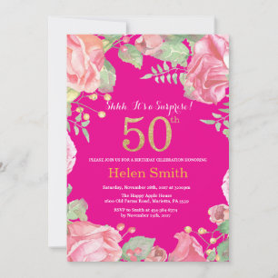 Floral Surprise 50ste verjaardag Goud en Hot Pink Kaart