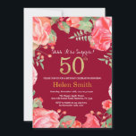 Floral Surprise 50th Birthday Gold Burgundy Red Kaart<br><div class="desc">Red Floral Surprise 50th Birthday Invitation for Women. Waterverf botanische bloem. Gold Glitter. Roze pinda's Floral Flowers. Volwassen verjaardag. Burgundy Red Background Voor verdere aanpassing,  te klikken gelieve de knoop "van de Aanpassing het"en ons ontwerphulpmiddel te gebruiken om deze sjabloon te wijzigen.</div>