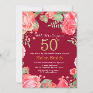 Floral Surprise 50th Birthday Gold Burgundy Red Kaart