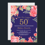 Floral Surprise 50th Birthday Gold Glitter Blue Kaart<br><div class="desc">Red Floral Surprise 50th Birthday Invitation for Women. Waterverf botanische bloem. Gold Glitter. Roze pinda's bloemen. Volwassen verjaardag. Navy Blue Background Voor verdere aanpassing,  te klikken gelieve de knoop "van de Aanpassing het"en ons ontwerphulpmiddel te gebruiken om deze sjabloon te wijzigen.</div>