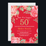 Floral Surprise 50th Birthday Gold Glitter en Red Kaart<br><div class="desc">Red Floral Surprise 50th Birthday Invitation for Women. Waterverf botanische bloem. Gold Glitter. Roze pinda's bloemen. Volwassen verjaardag. Rode achtergrond. Voor verdere aanpassing,  te klikken gelieve de knoop "van de Aanpassing het"en ons ontwerphulpmiddel te gebruiken om deze sjabloon te wijzigen.</div>