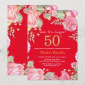 Floral Surprise 50th Birthday Gold Glitter en Red Kaart (Voorkant / Achterkant)