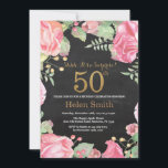 Floral Surprise 50th Birthday Gold Glitter Kaart<br><div class="desc">Floral Surprise 50ste verjaardag uitnodiging voor vrouwen. Waterverf botanische bloemen. Gouden Glitter. Roze pioenrozen bloemen. Verjaardag voor volwassenen. Achtergrond schoolbord. Voor verdere aanpassing klikt u op de knop "Aanpassen" en gebruikt u onze ontwerptool om deze sjabloon te wijzigen.</div>