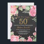 Floral Surprise 50th Birthday Gold Glitter Kaart<br><div class="desc">Floral Surprise 50ste verjaardag uitnodiging voor vrouwen. Waterverf botanische bloemen. Gouden Glitter. Roze pioenrozen bloemen. Verjaardag voor volwassenen. Achtergrond schoolbord. Voor verdere aanpassing klikt u op de knop "Aanpassen" en gebruikt u onze ontwerptool om deze sjabloon te wijzigen.</div>