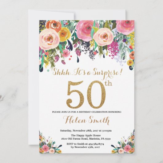 Floral Surprise 50th Birthday Invitation Gold Kaart (Voorkant)