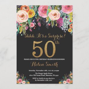 Floral Surprise 50th Birthday Invitation Gold Kaart