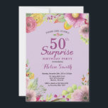 Floral Surprise 50th Birthday Invitation Paars Kaart<br><div class="desc">Floral Surprise 50ste verjaardag uitnodiging voor vrouwen. Waterverf bloemen,  Paarse achtergrond. Voor verdere aanpassing klikt u op de knop "Aanpassen" en gebruikt u onze ontwerptool om deze sjabloon te wijzigen.</div>
