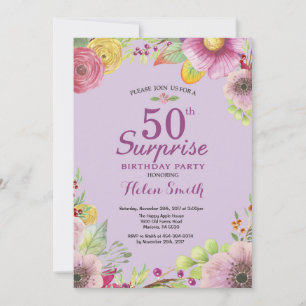 Floral Surprise 50th Birthday Invitation Paars Kaart