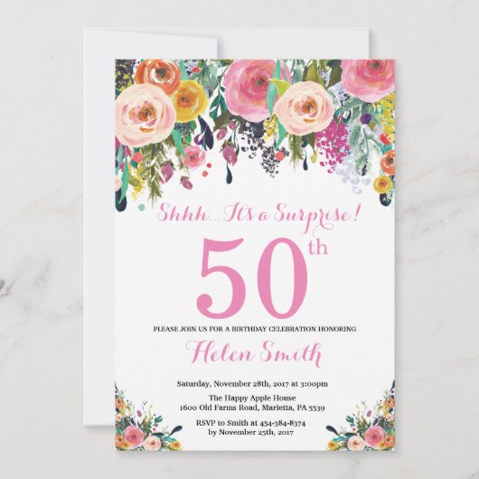 Floral Surprise 50th Birthday Invitation roze Kaart (Voorkant)