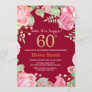 Floral Surprise 60th Birthday Gold Burgundy Red Kaart