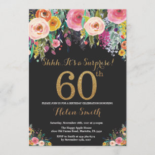 Floral Surprise 60th Birthday Invitation Gold Kaart