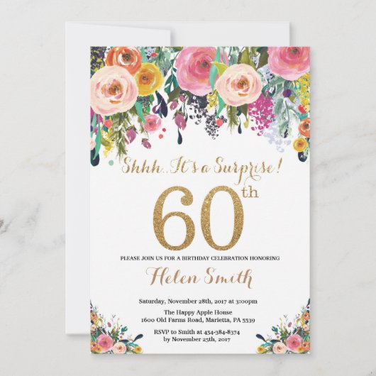Floral Surprise 60th Birthday Invitation Gold Kaart (Voorkant)