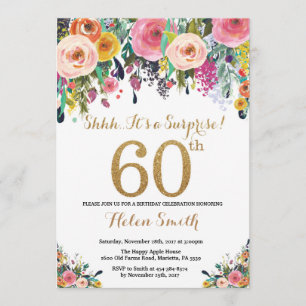 Floral Surprise 60th Birthday Invitation Gold Kaart