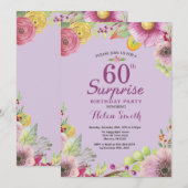Floral Surprise 60th Birthday Invitation Paars Kaart (Voorkant / Achterkant)