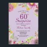 Floral Surprise 60th Birthday Invitation Paars Kaart<br><div class="desc">Floral Surprise 60ste verjaardag uitnodiging voor vrouwen. Waterverf bloemen,  Paarse achtergrond. Voor verdere aanpassing klikt u op de knop "Aanpassen" en gebruikt u onze ontwerptool om deze sjabloon te wijzigen.</div>